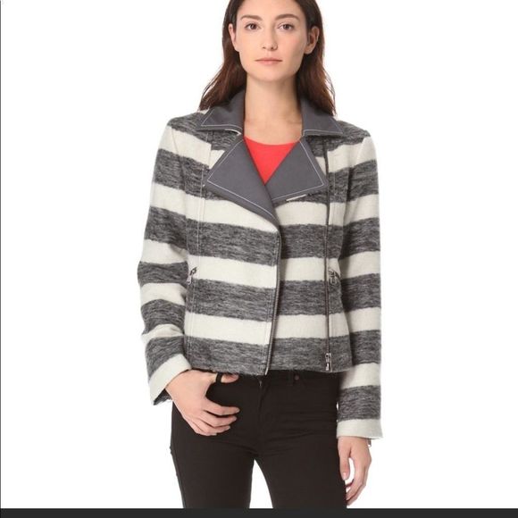 Marc by Marc Jacobs - Asymmetrical, Grey and White Striped Wool Moto Jacket - Picture 1 of 16